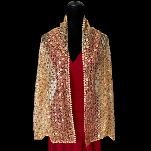 Sequin Open Weave Scarf Evening Shawl Gold Silver - Picture 15 of 15